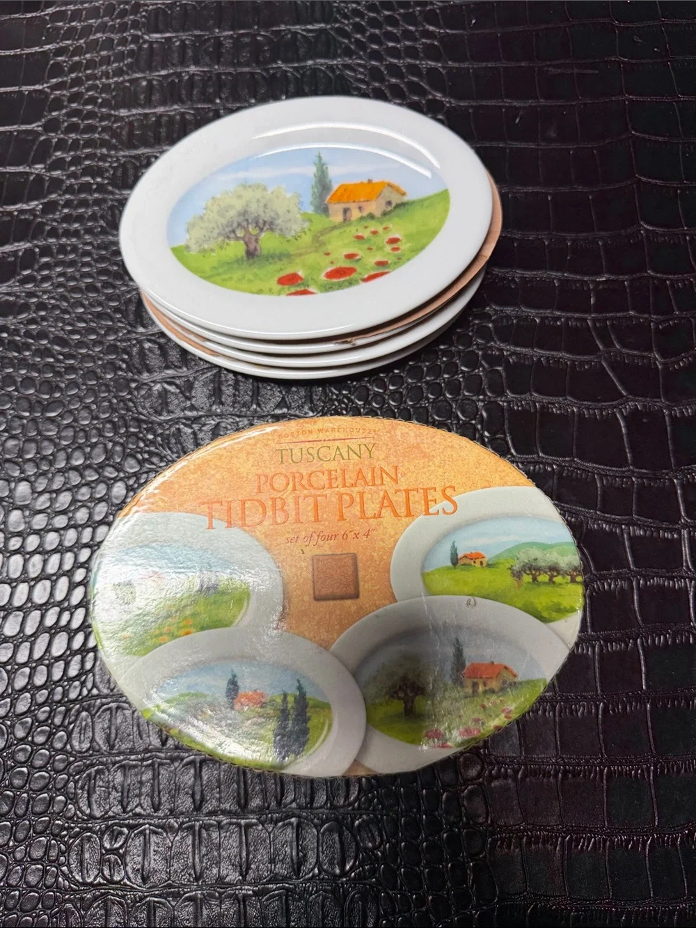 Boston Warehouse White Porcelain Tidbit Plates with Green & Orange Scenic Motif
